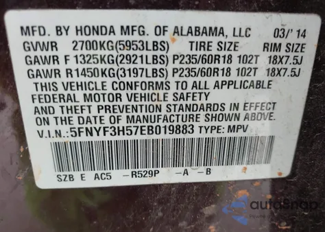 2014 Honda Pilot Ex-L z USA, uszkodzony, nr VIN 5FNYF3H57EB019883